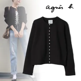 Agnes b  |Rib Long Sleeves Plain Cotton Medium Cardigans