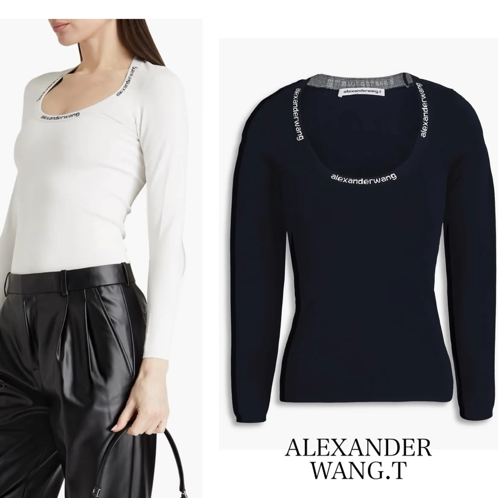 Alexander Wang  |Nylon Rib Long Sleeves Plain Logo V-neck & Crew neck