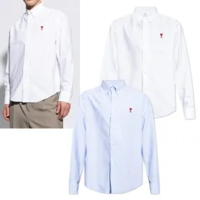 AMI PARIS  |Long Sleeves Plain Cotton Logo Designers Shirts