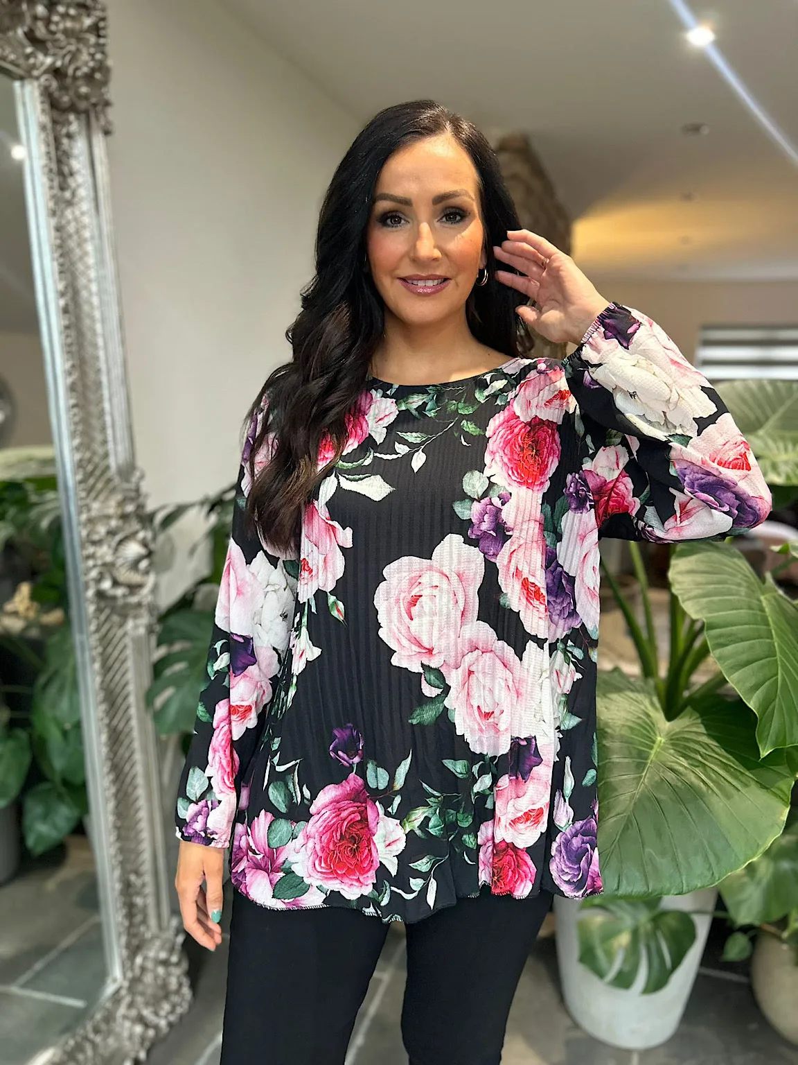 Black Floral Pleated Blouse Evie