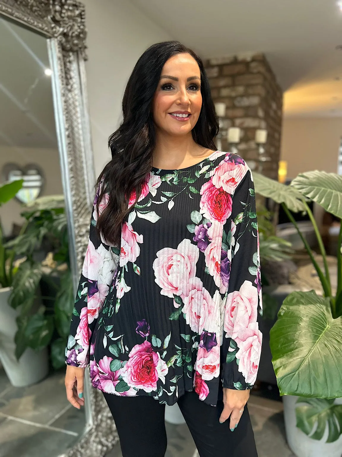 Black Floral Pleated Blouse Evie