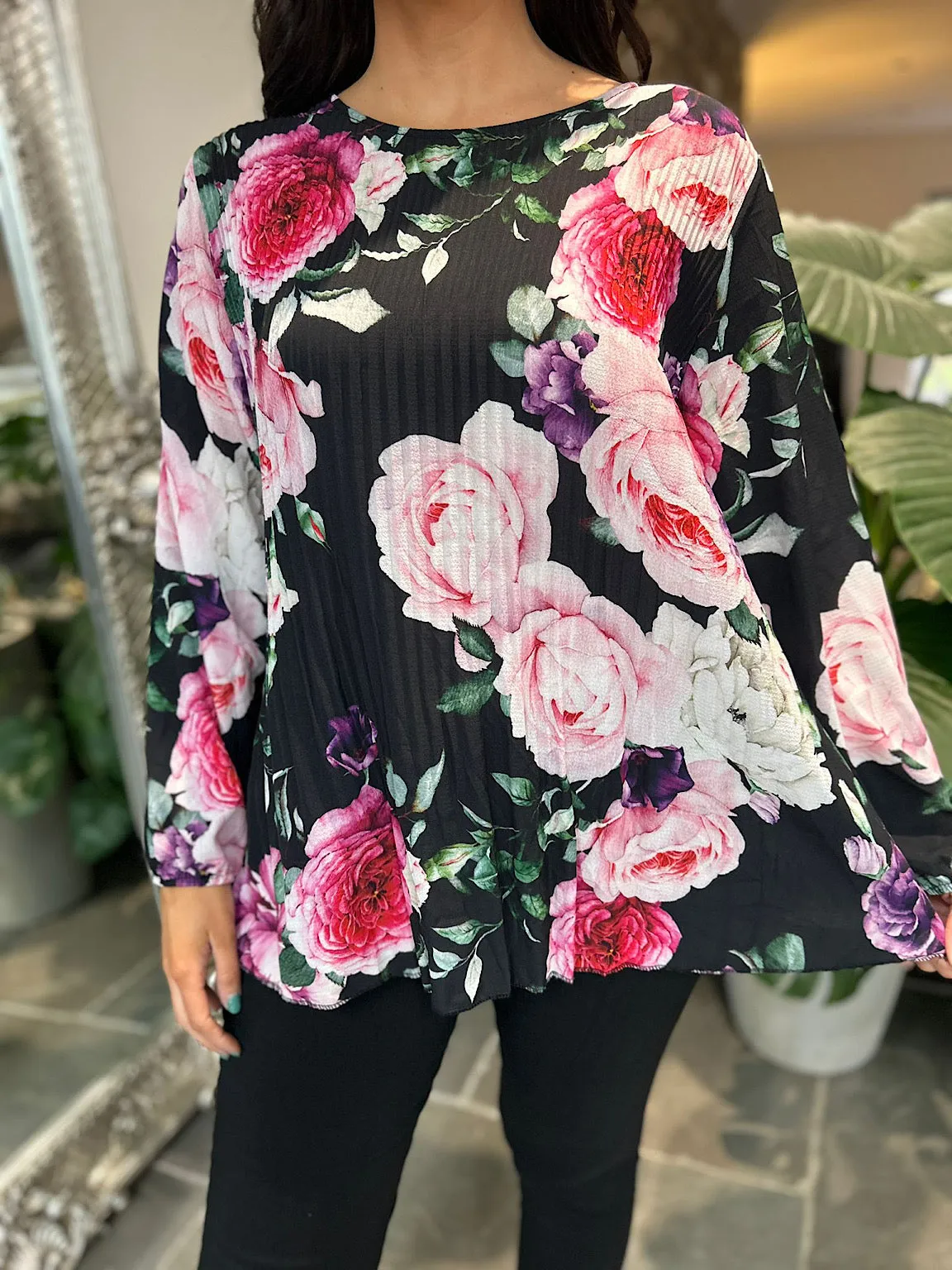 Black Floral Pleated Blouse Evie