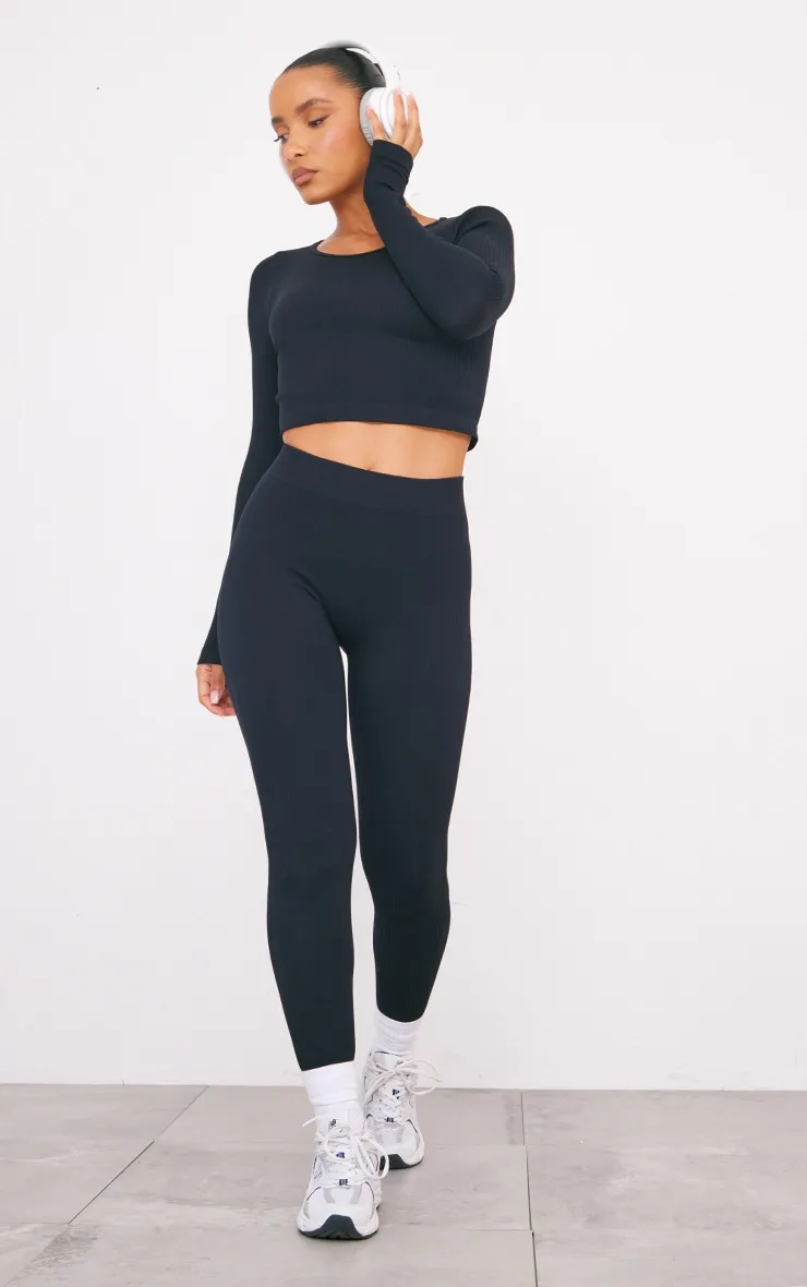 Black Structured Contour Ribbed Leggings