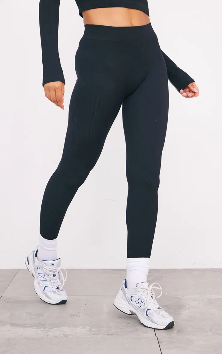 Black Structured Contour Ribbed Leggings