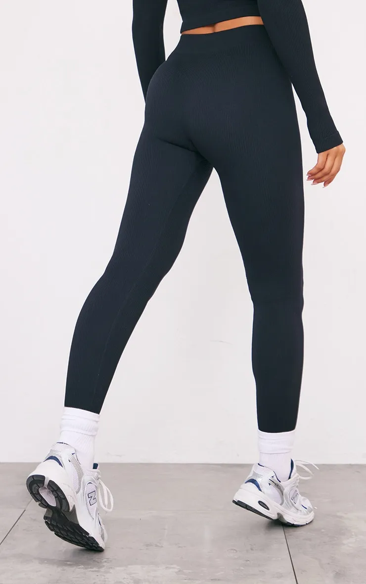 Black Structured Contour Ribbed Leggings