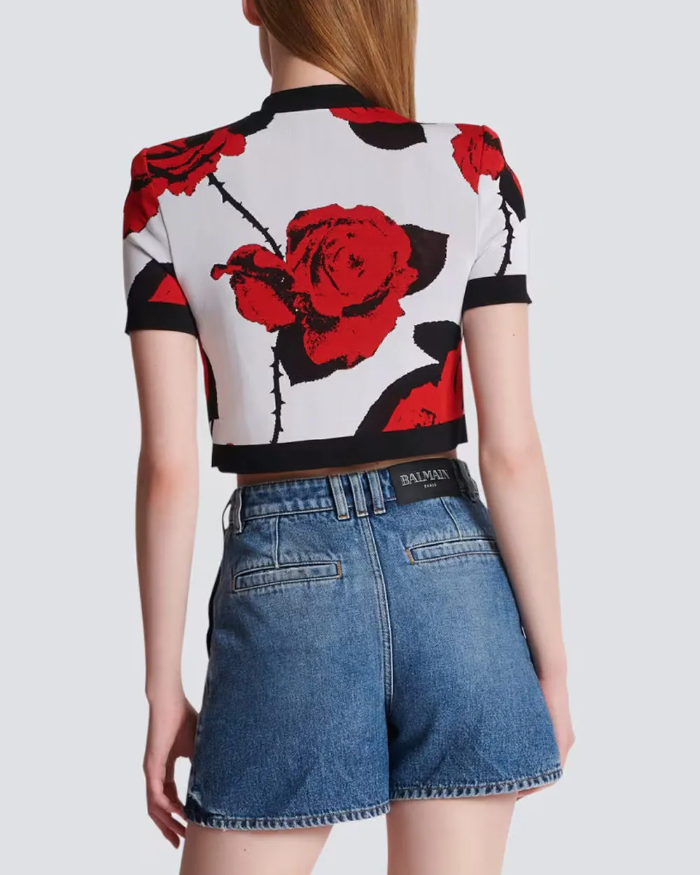 Blanc and Rouge Rose Jacquard Crop Cardigan