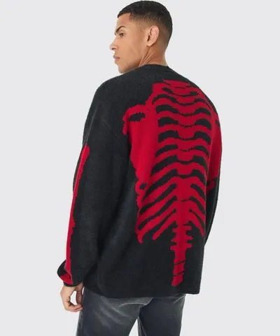 boohoo Mens Oversized Ribcage Intarsia Fluffy Knit Cardigan