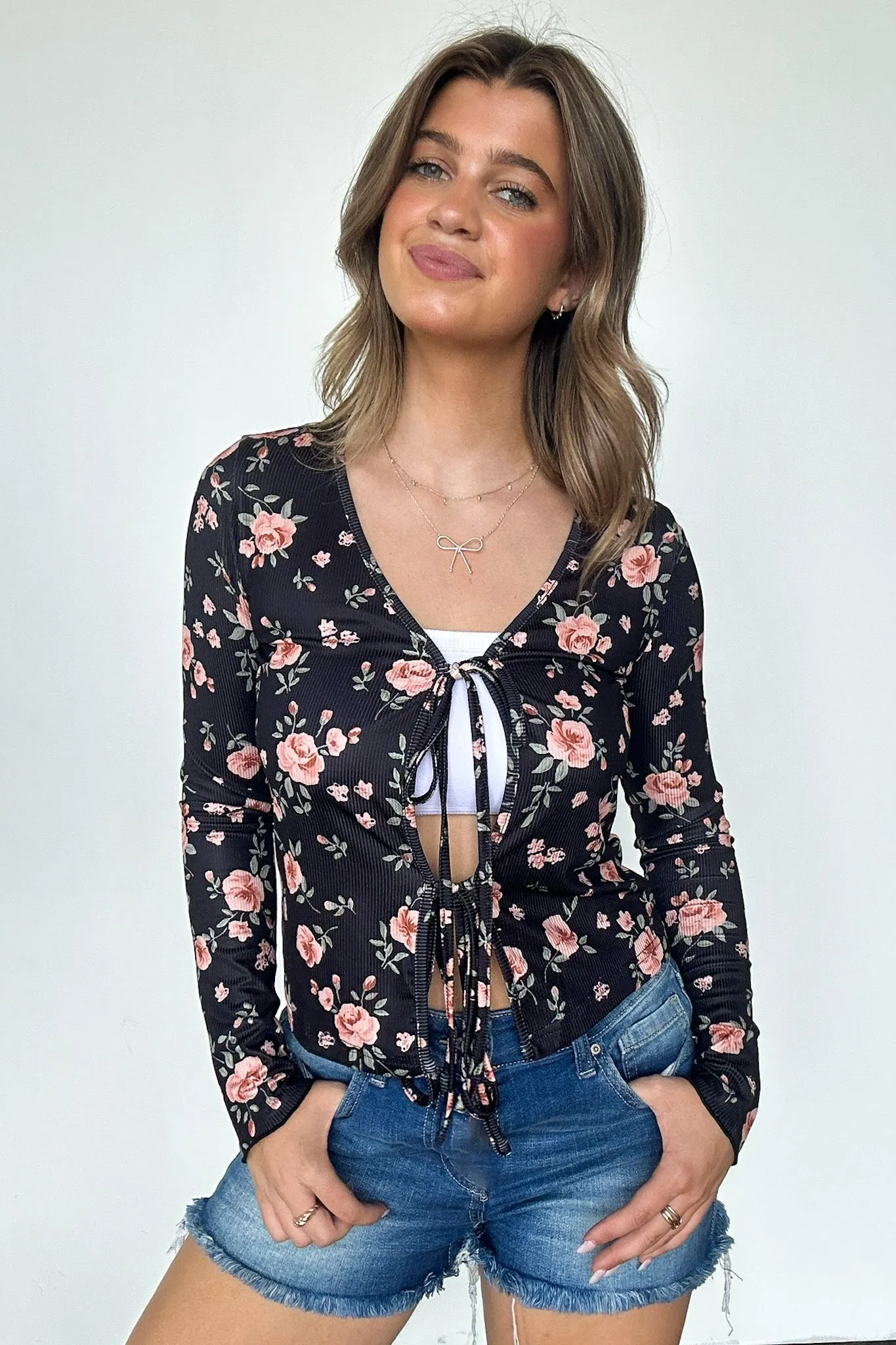 Delightful Aspect Floral Print Tie Front Cardigan