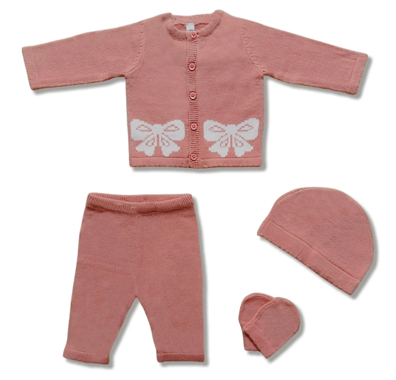 Elsie dusky pink bow 4 piece knitted girls set (size newborn to 6 months)