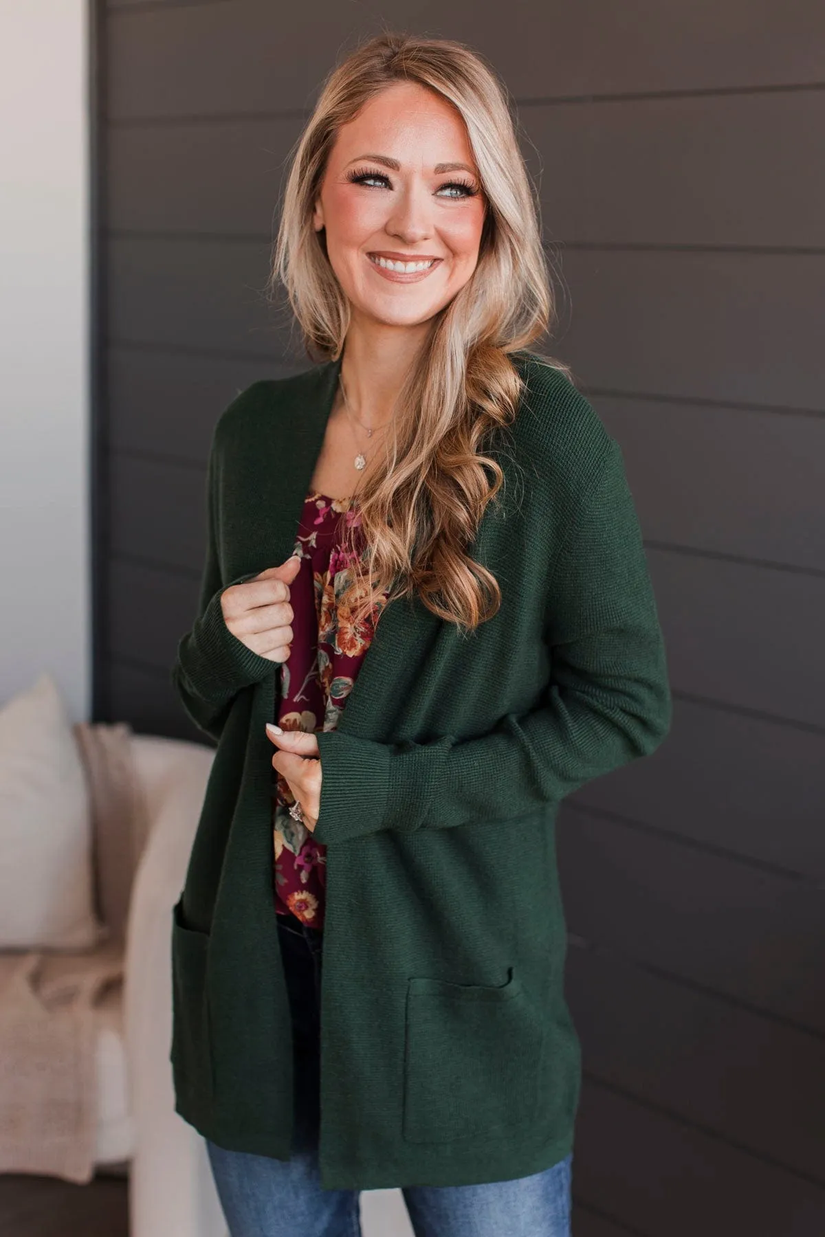 Feeling Blissful Waffle Knit Cardigan- Forest Green