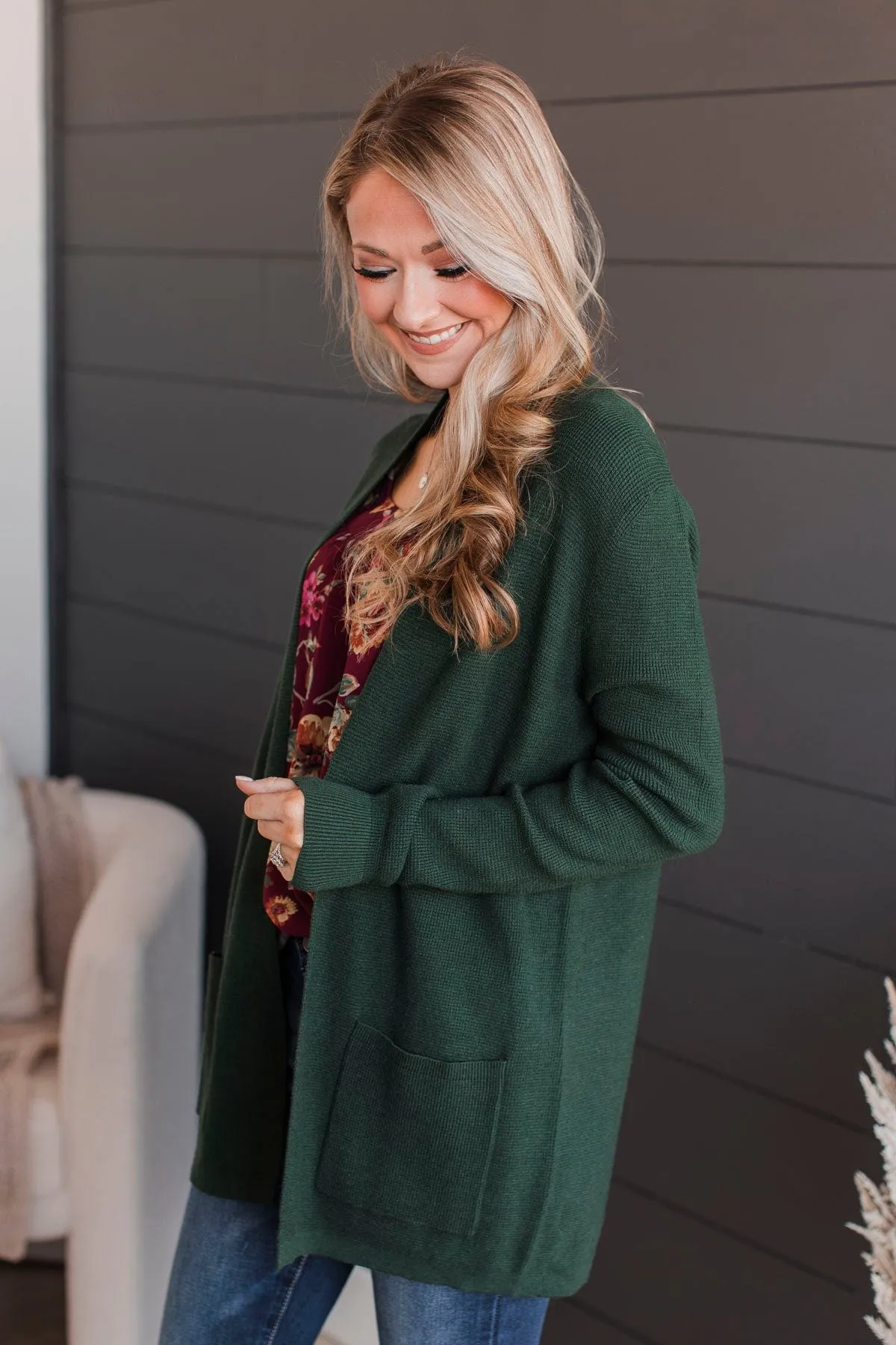 Feeling Blissful Waffle Knit Cardigan- Forest Green