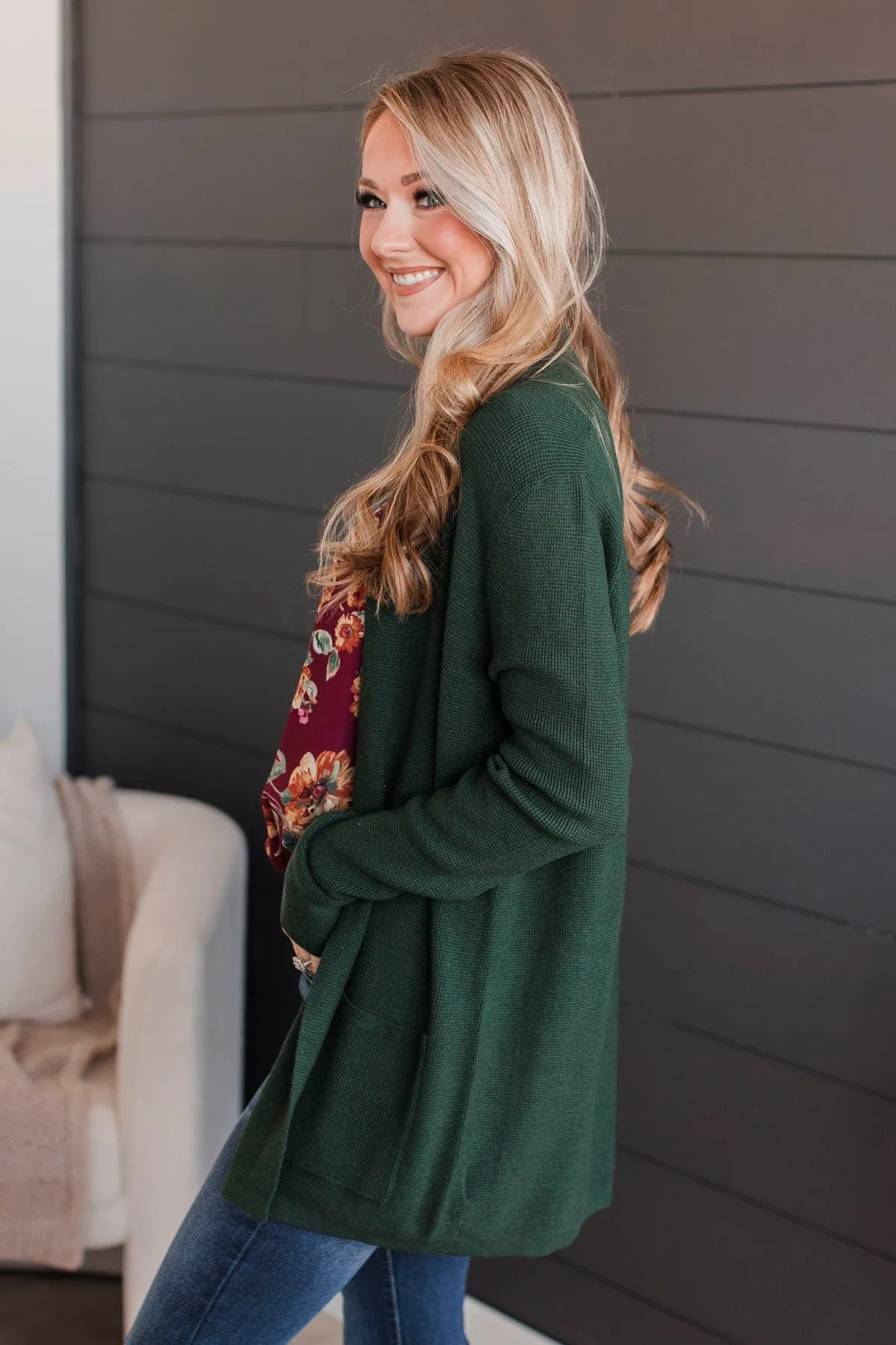 Feeling Blissful Waffle Knit Cardigan- Forest Green