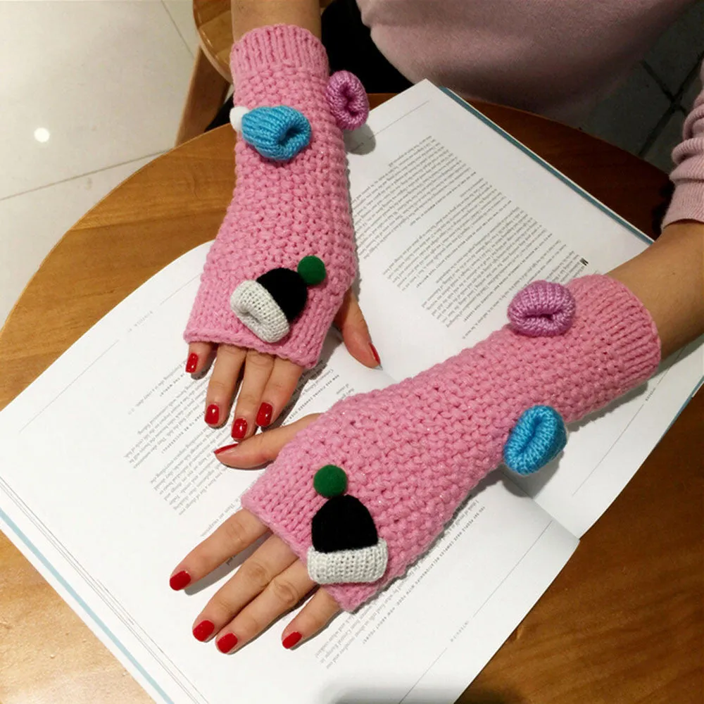 Feida Women's Warm Cute Knitting Half Fingerless Gloves Gants