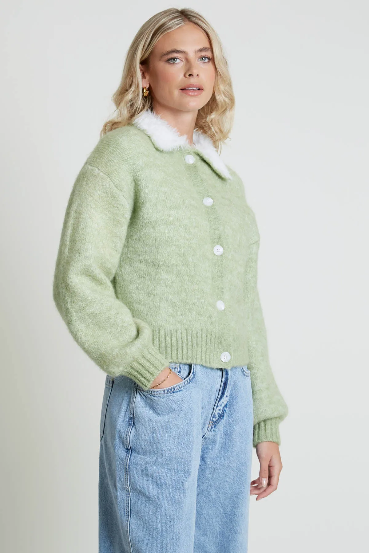 FURTI KNITTED CARDIGAN WITH CONTRAST FLUFFY COLLAR