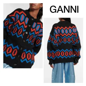 Ganni  |Casual Style Wool Long Sleeves Front Button Cardigans