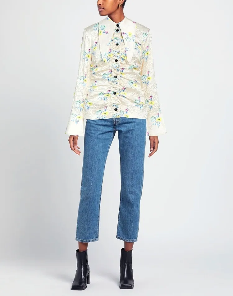 Ganni  |Flower Patterns Long Sleeves Logo Shirts & Blouses