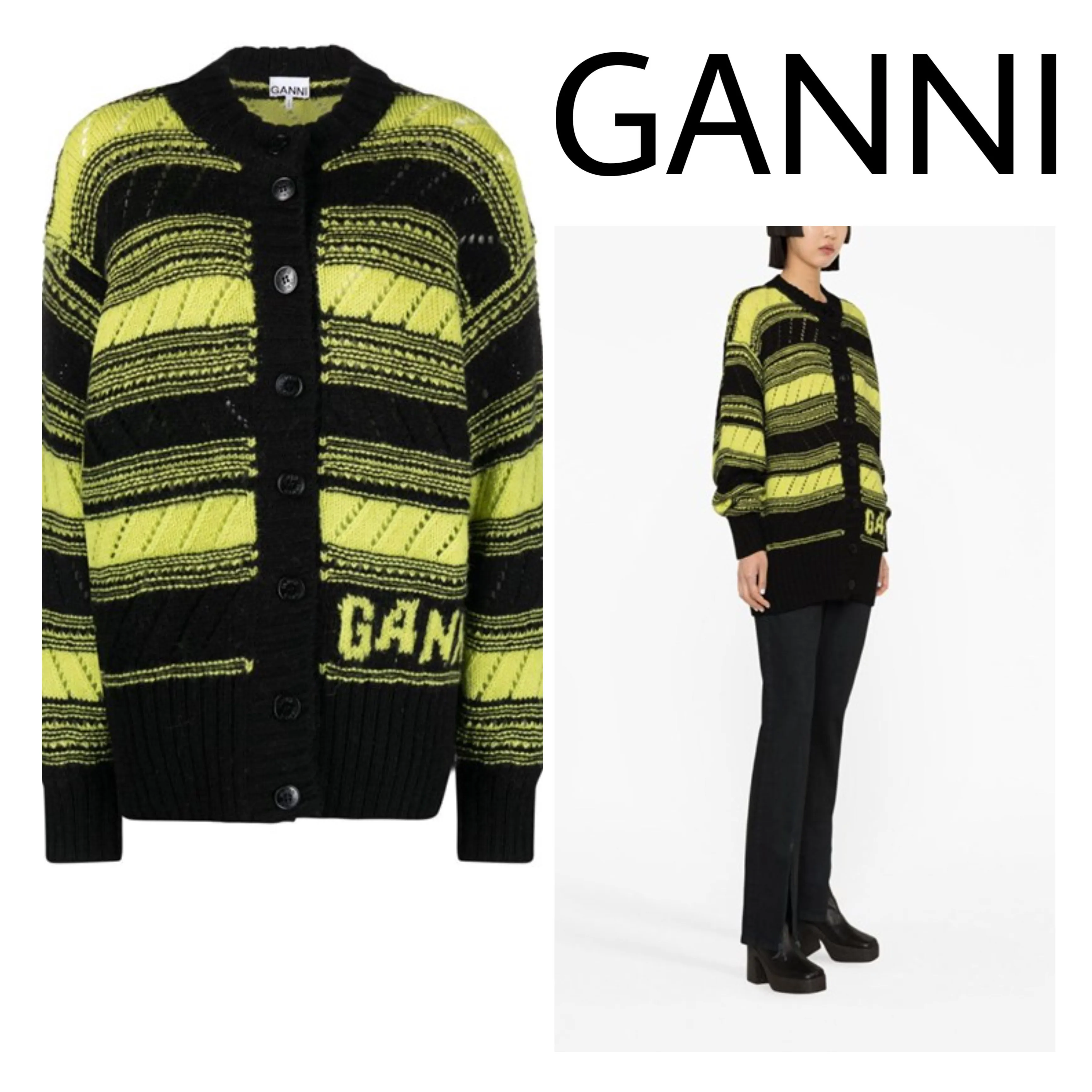 Ganni  |Stripes Casual Style Wool Long Sleeves Logo Cardigans