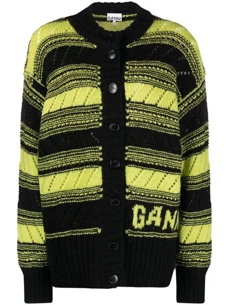 Ganni  |Stripes Casual Style Wool Long Sleeves Logo Cardigans