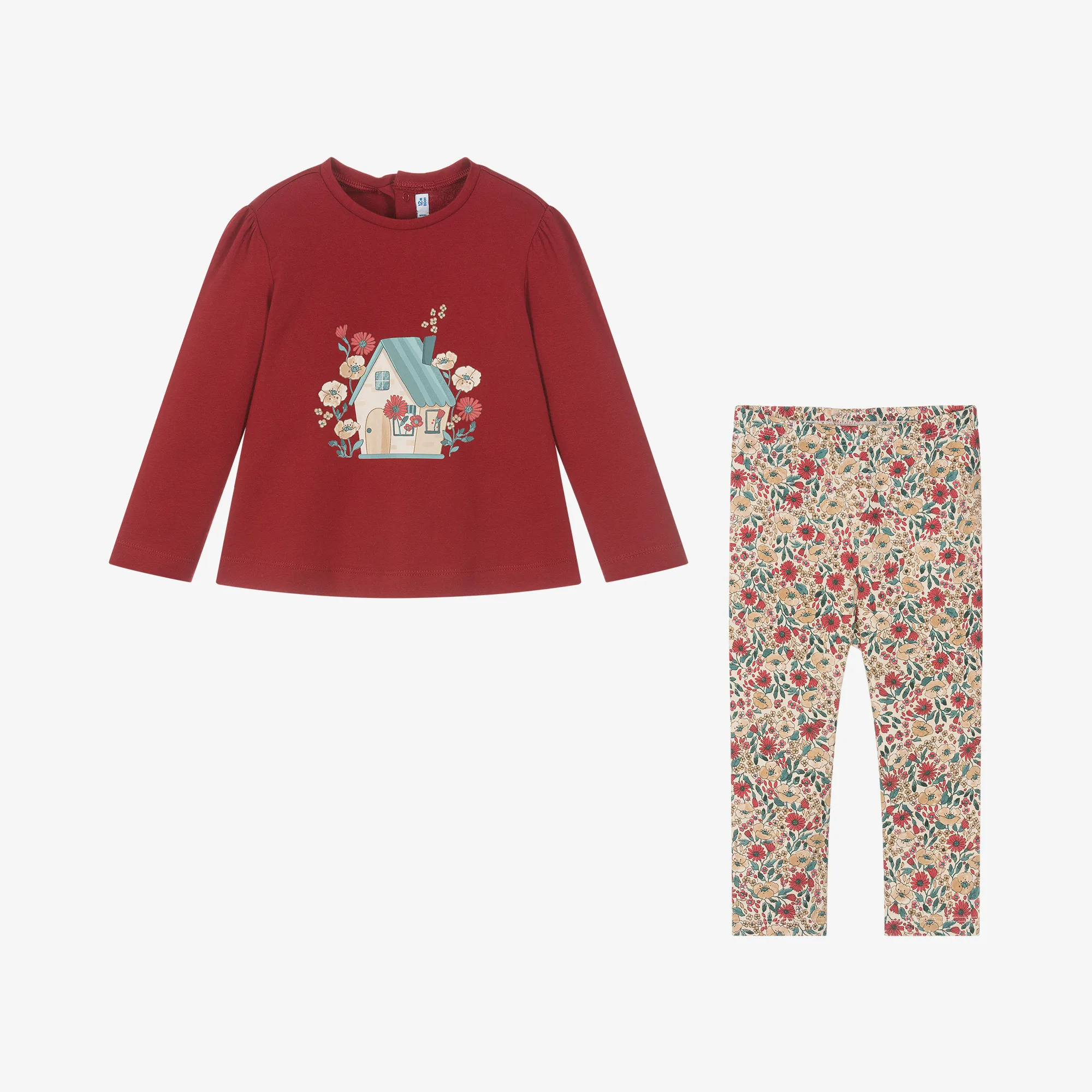 Girls Red Cotton Floral Leggings Set