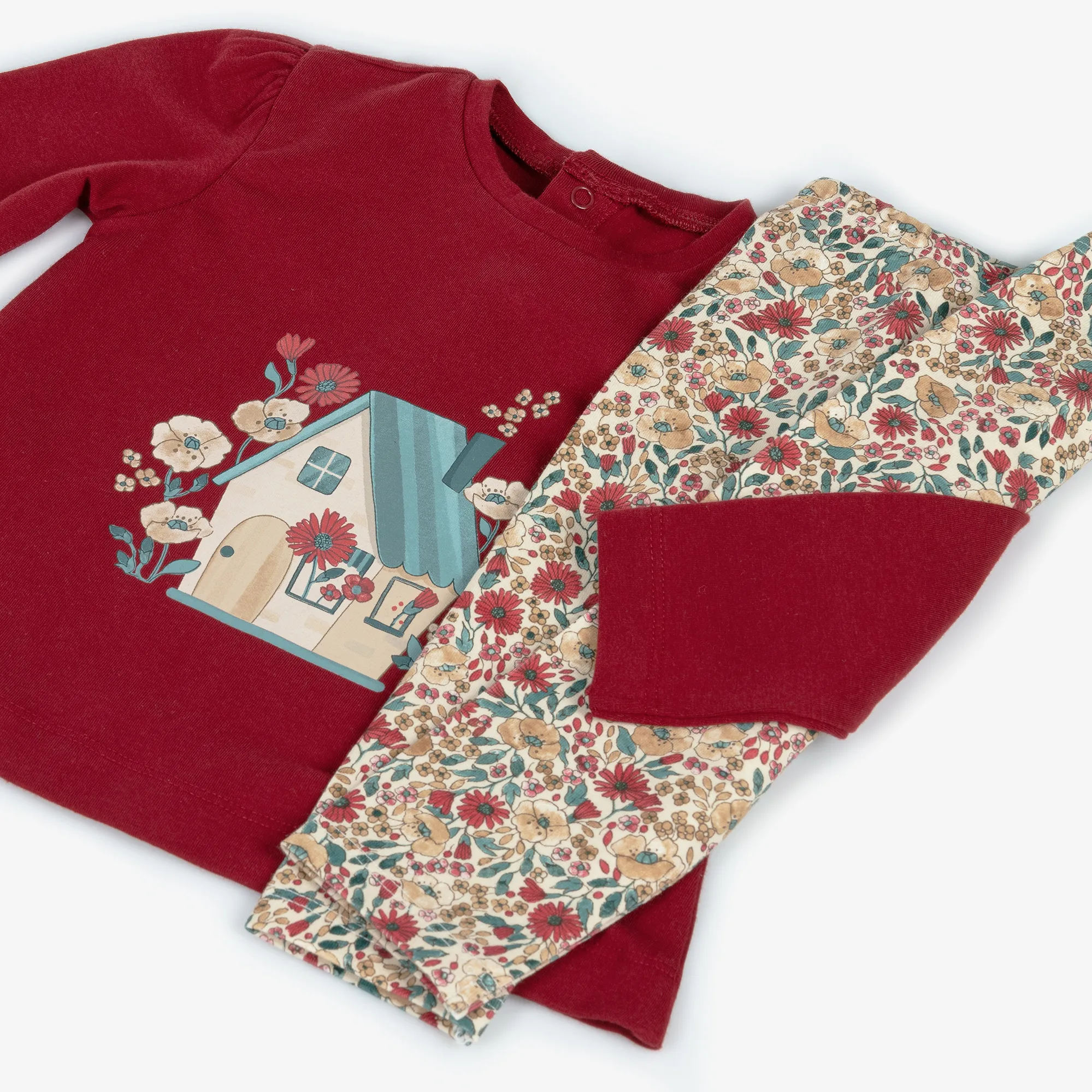 Girls Red Cotton Floral Leggings Set