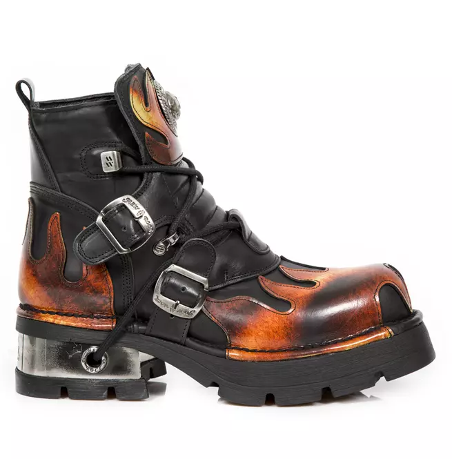 Gothic Black Leather Ankle Boots - Metallic Orange Flame Design Boots