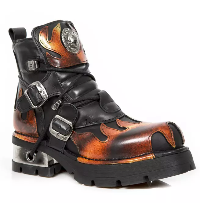 Gothic Black Leather Ankle Boots - Metallic Orange Flame Design Boots