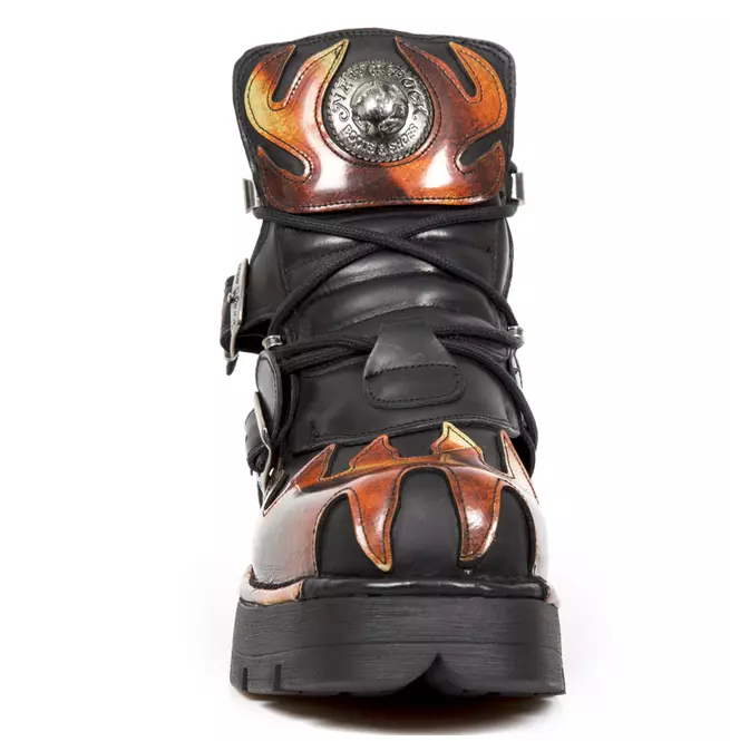 Gothic Black Leather Ankle Boots - Metallic Orange Flame Design Boots