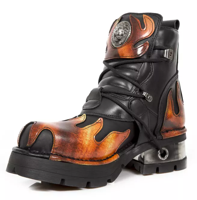 Gothic Black Leather Ankle Boots - Metallic Orange Flame Design Boots