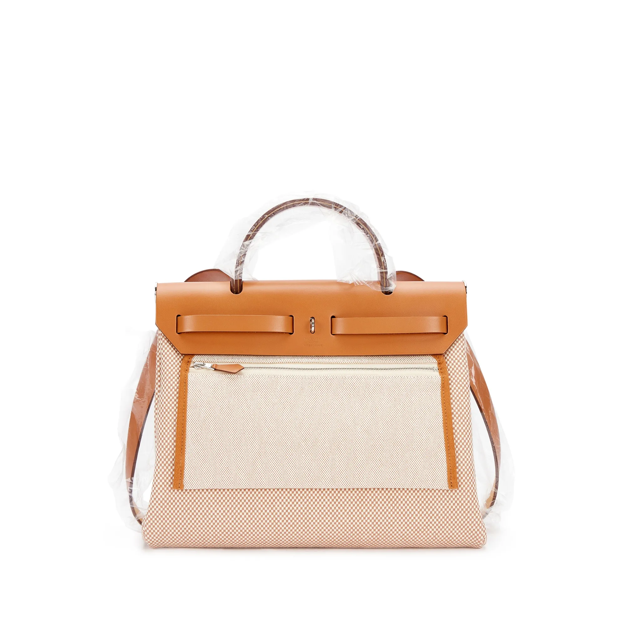 Hermès Fauve Vache Hunter and Ecru Toile Quadrille Herbag Zip 31 Palladium Hardware, 2024