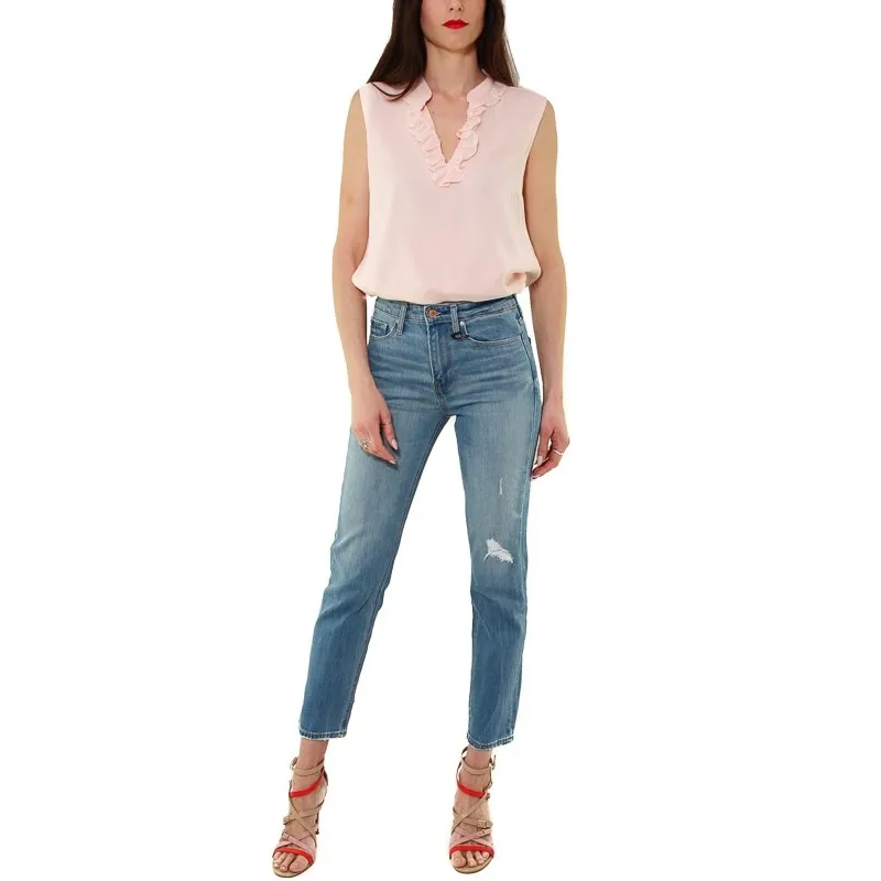 JEANS A VITA ALTA GAMBA DRITTA CON STRAPPO, BLU