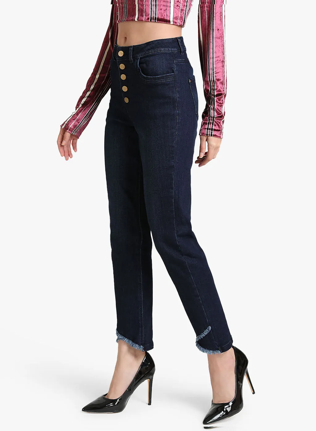 Jeans With Cross Fringes At The Hem