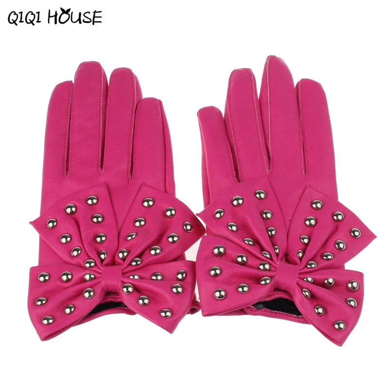 Leather Women'S Gloves Bowknot Rivet Ladies Winter Warm Hand Gloves Outwear Shopping Driving Gloves Luva Feminina#B921 SM6