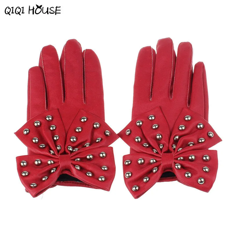 Leather Women'S Gloves Bowknot Rivet Ladies Winter Warm Hand Gloves Outwear Shopping Driving Gloves Luva Feminina#B921 SM6