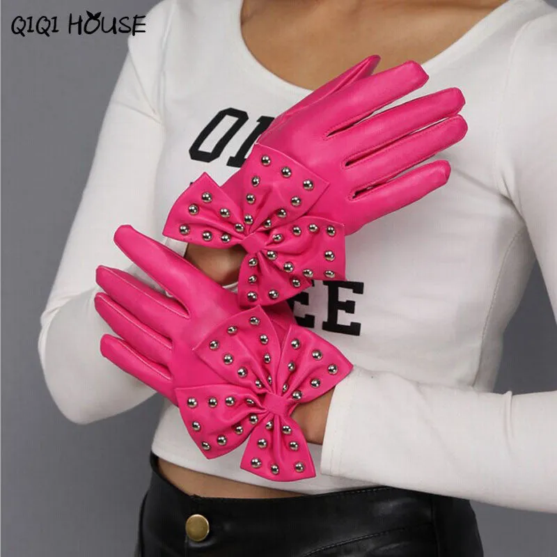 Leather Women'S Gloves Bowknot Rivet Ladies Winter Warm Hand Gloves Outwear Shopping Driving Gloves Luva Feminina#B921 SM6