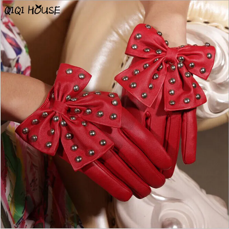 Leather Women'S Gloves Bowknot Rivet Ladies Winter Warm Hand Gloves Outwear Shopping Driving Gloves Luva Feminina#B921 SM6