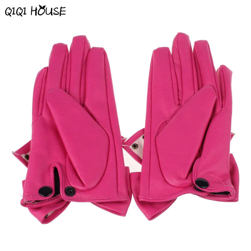 Leather Women'S Gloves Bowknot Rivet Ladies Winter Warm Hand Gloves Outwear Shopping Driving Gloves Luva Feminina#B921 SM6