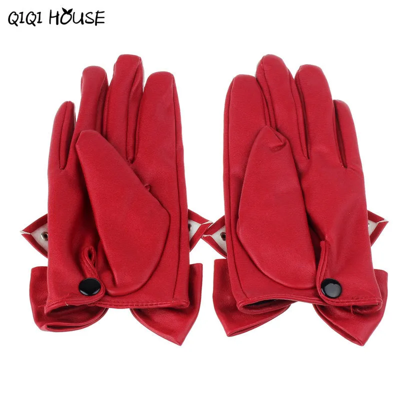 Leather Women'S Gloves Bowknot Rivet Ladies Winter Warm Hand Gloves Outwear Shopping Driving Gloves Luva Feminina#B921 SM6