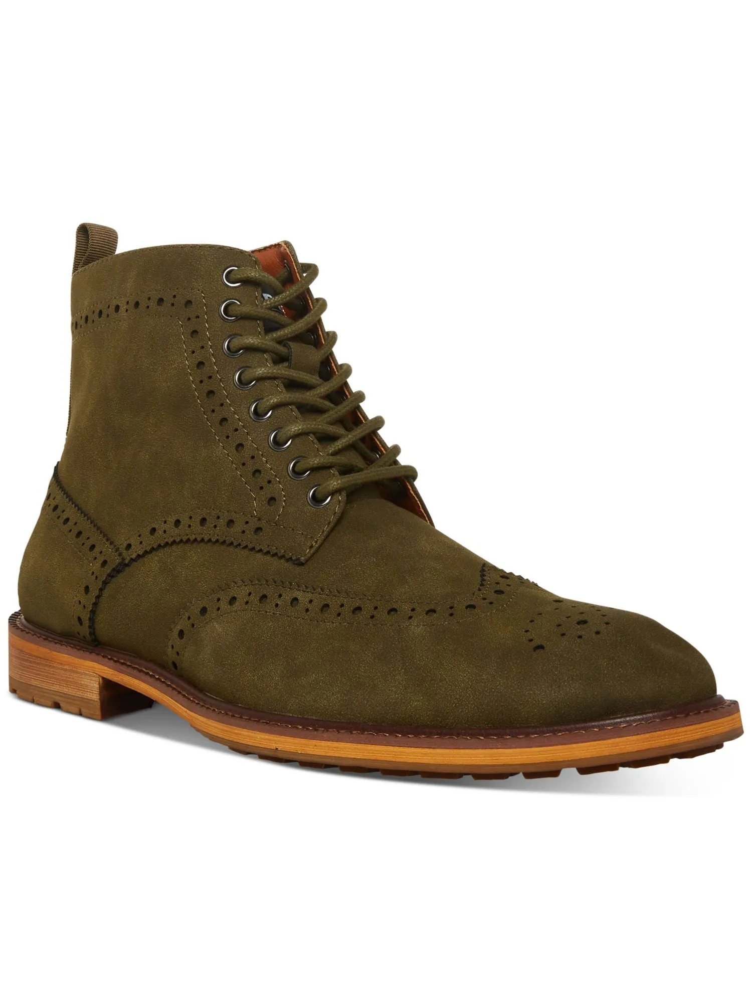 MADDEN Mens Olive Green Brogue Detailing Lace-Up Front Heel Pull-Tab Padded Remppr Wingtip Toe Block Heel Zip-Up Boots Shoes M