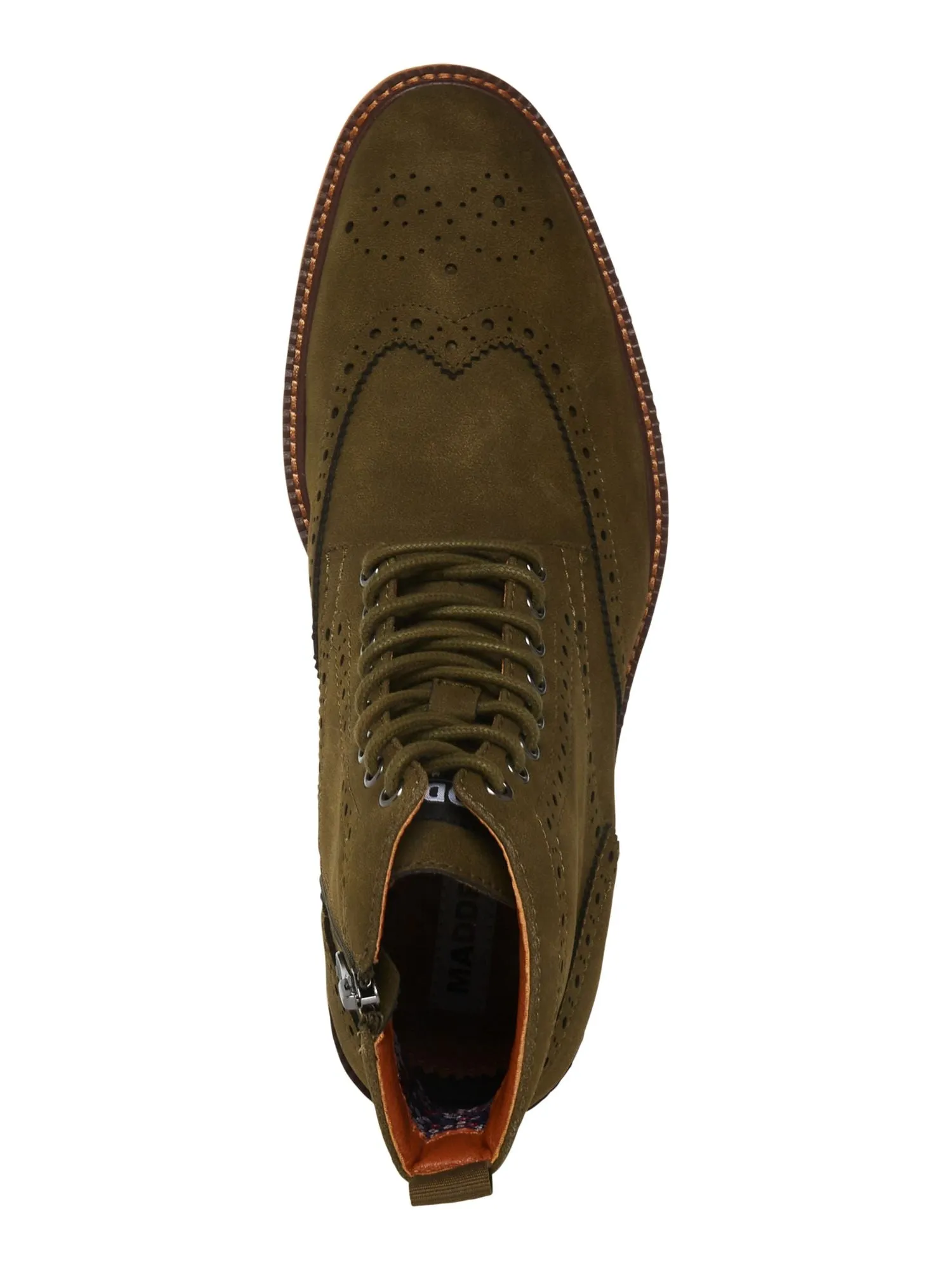 MADDEN Mens Olive Green Brogue Detailing Lace-Up Front Heel Pull-Tab Padded Remppr Wingtip Toe Block Heel Zip-Up Boots Shoes M