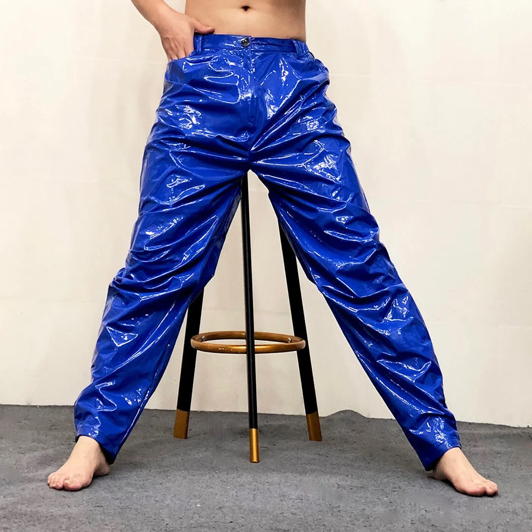 Men's Blue Sexy Loose Pleated Shinny Bright Elastic Waist Casual Pants