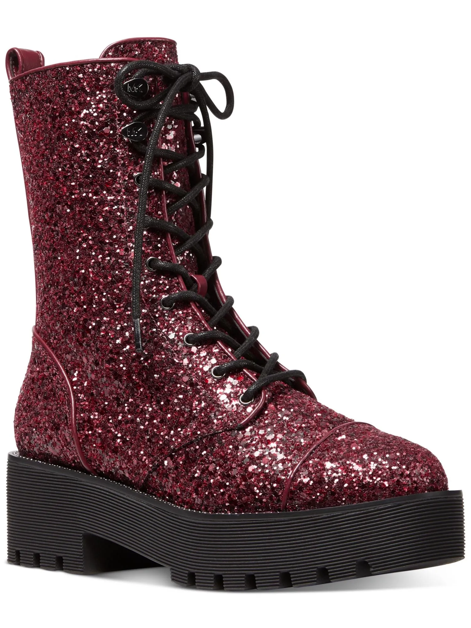 MICHAEL MICHAEL KORS Womens Burgundy Mixed Media Lace Up 1 Platform Padded Lug Sole Glitter Bryce Round Toe Zip-Up Combat Boots 