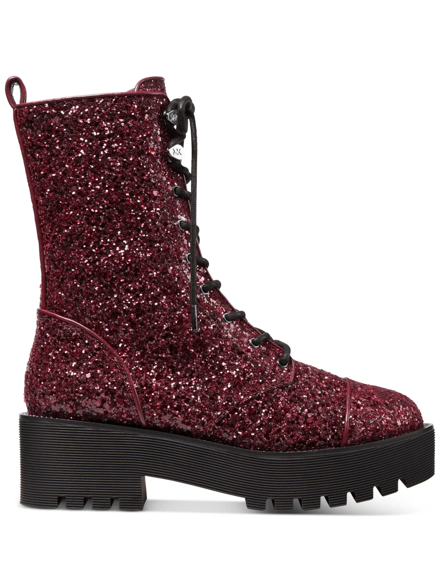 MICHAEL MICHAEL KORS Womens Burgundy Mixed Media Lace Up 1 Platform Padded Lug Sole Glitter Bryce Round Toe Zip-Up Combat Boots 