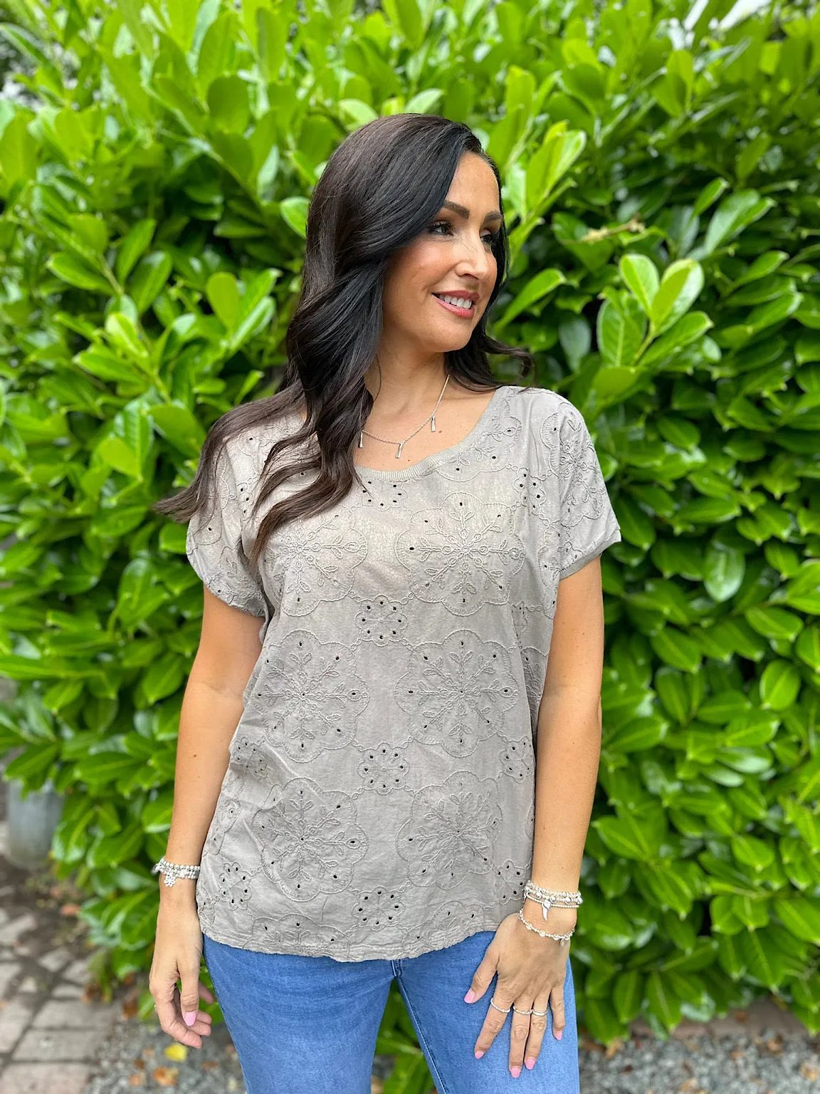 Mocha Shimmer Broderie Floral Top Nancy