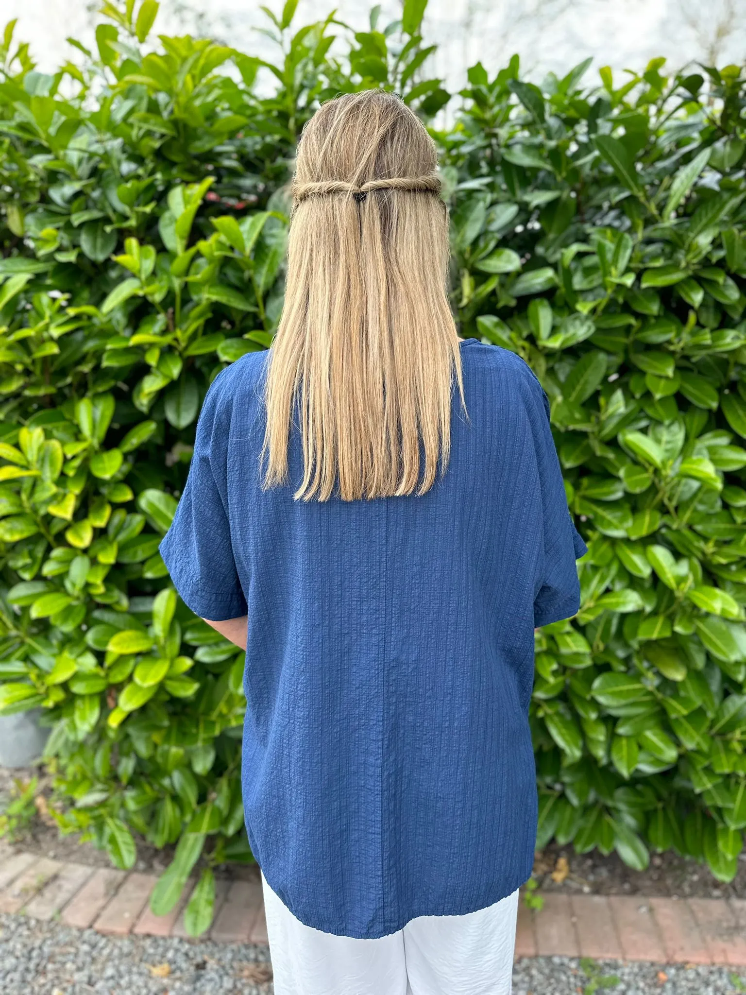 Navy Crochet V Neck Top Brenda