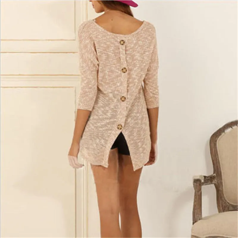 New Autumn Female Knitted Sweater Plus Size Knittedwear Three Quarter 3/4 Sleeve O-neck Back Button Pullovers 71305 SM6