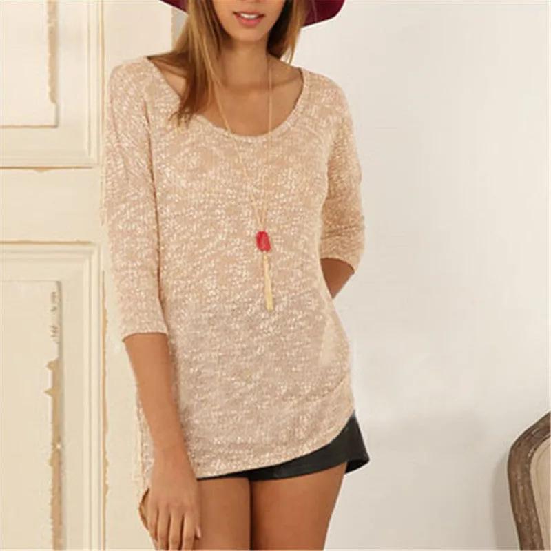 New Autumn Female Knitted Sweater Plus Size Knittedwear Three Quarter 3/4 Sleeve O-neck Back Button Pullovers 71305 SM6