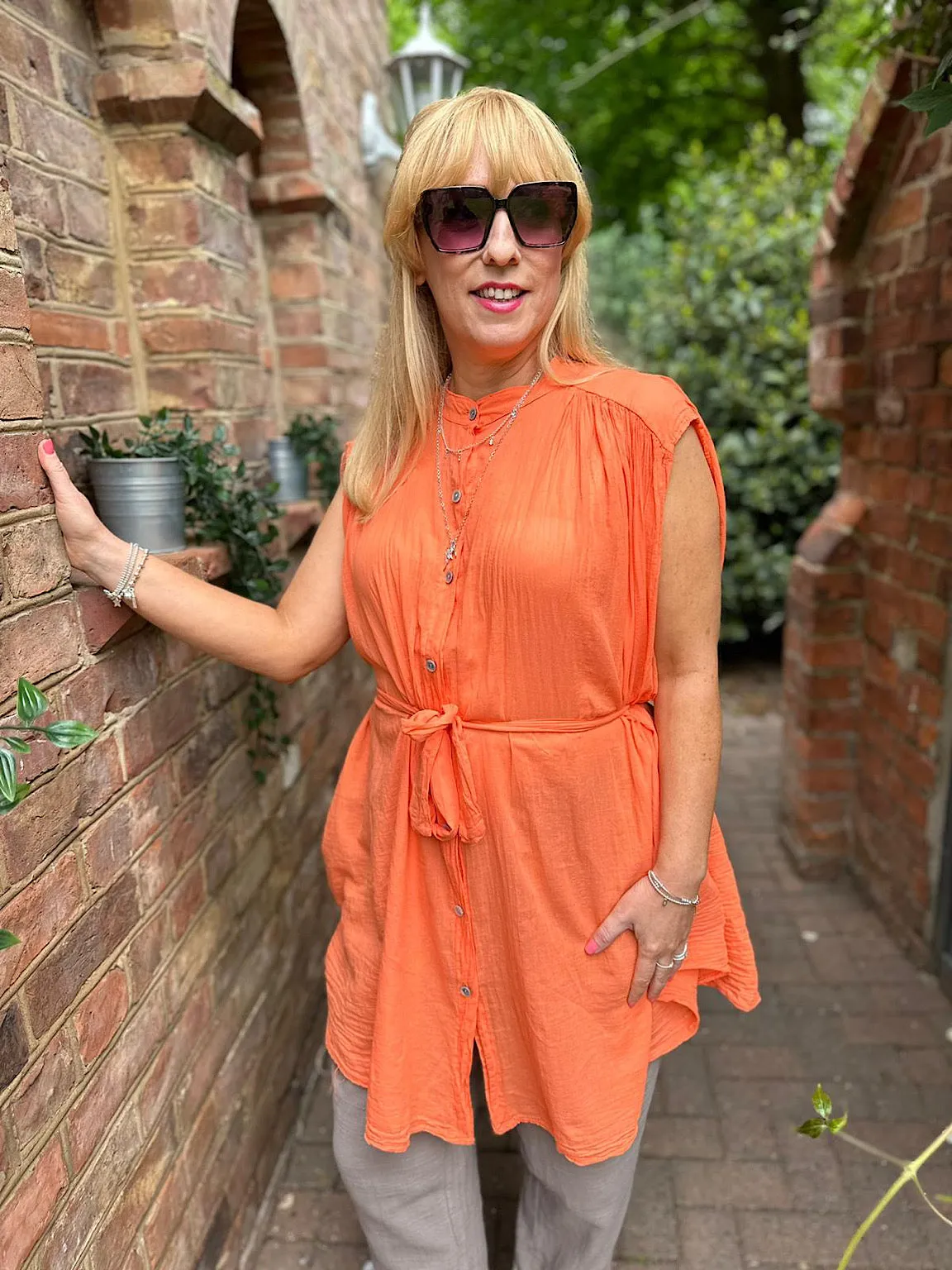 Orange Lightweight Belted Sleeveless Blouse Eve