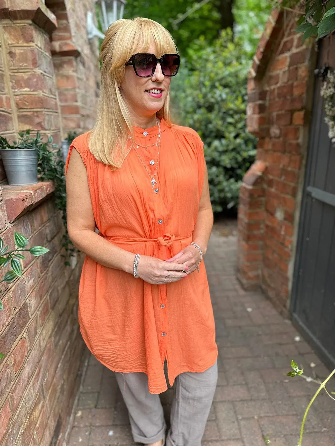 Orange Lightweight Belted Sleeveless Blouse Eve