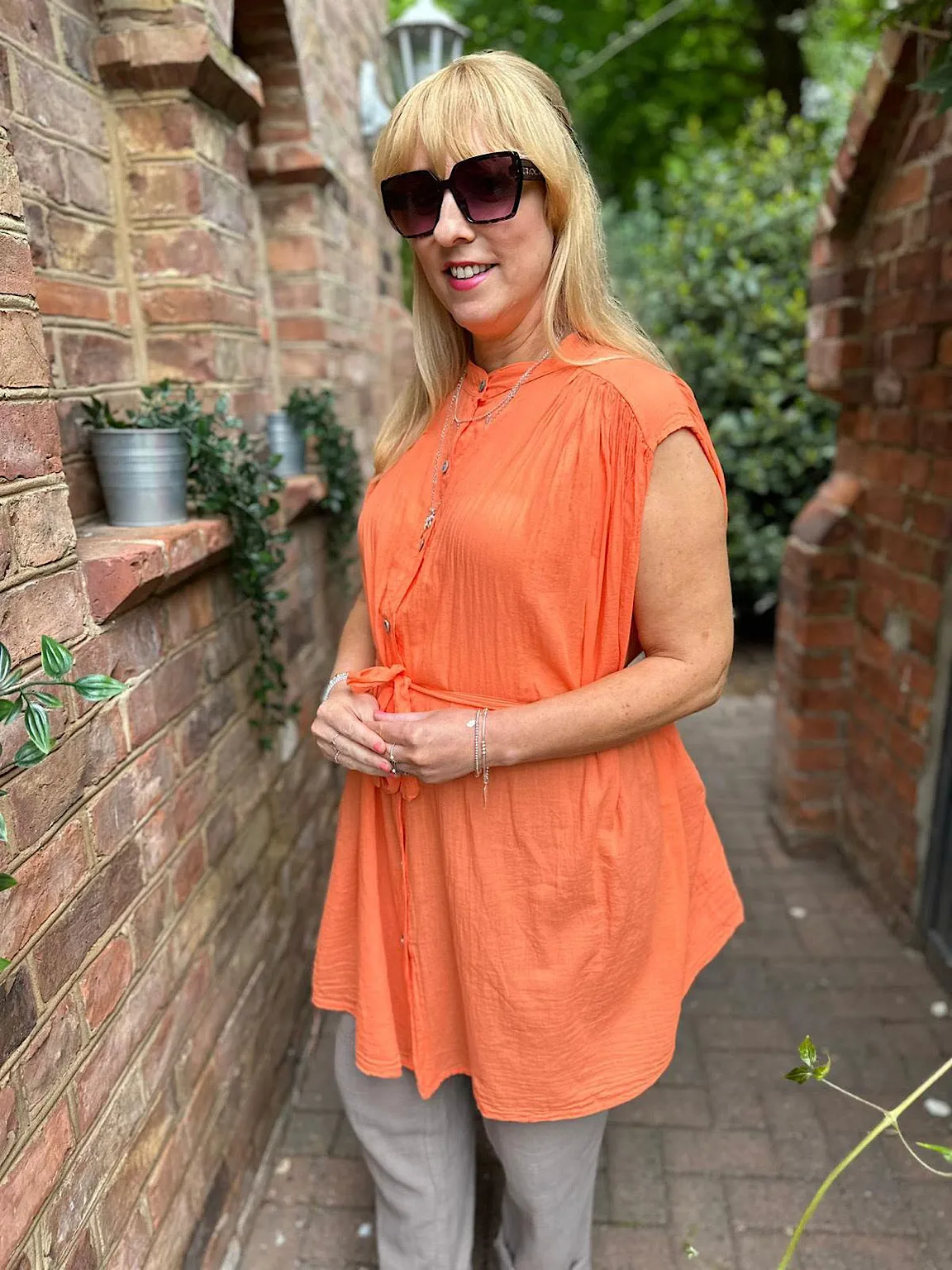 Orange Lightweight Belted Sleeveless Blouse Eve