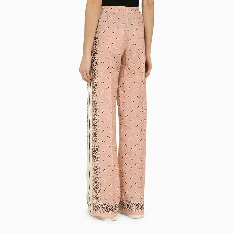 PALM ANGELS Pink and White Linen Blend Print Trousers for Women